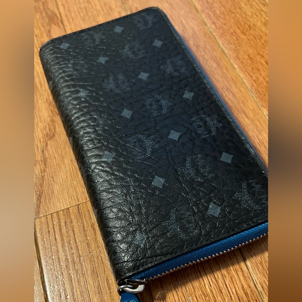 MCM Black Leather Wallet with Blue Trim